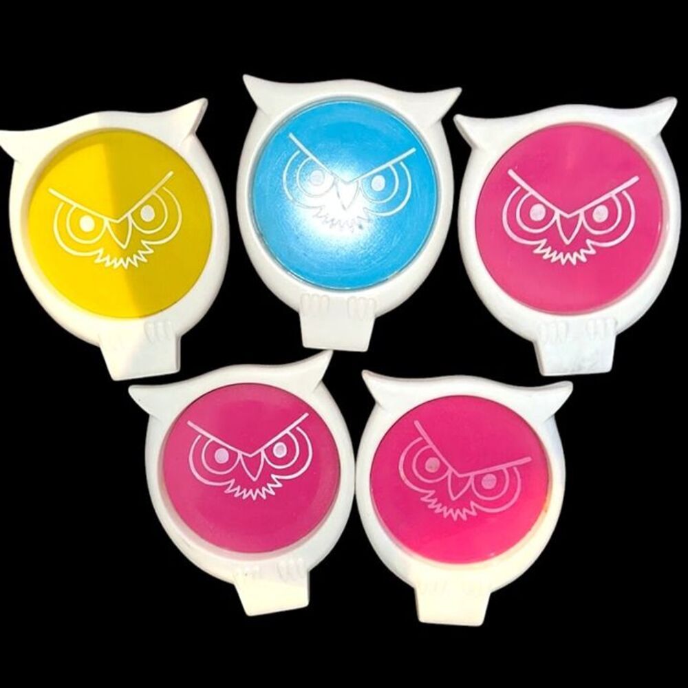 Vintage Mid Century Modern White Plastic Owl Face Coasters Set of 5